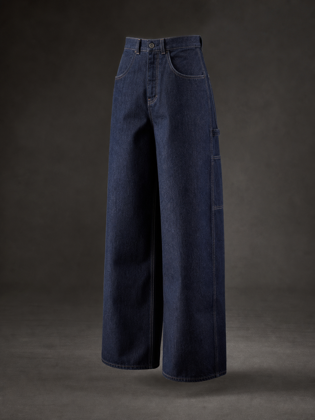 Render editorial de pantalón carpenter wide en denim índigo