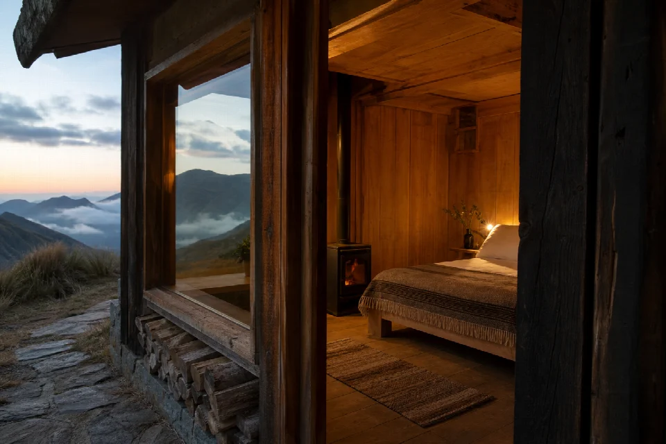 Habitación de piedra y madera con una cama frente a los Andes al anochecer.
