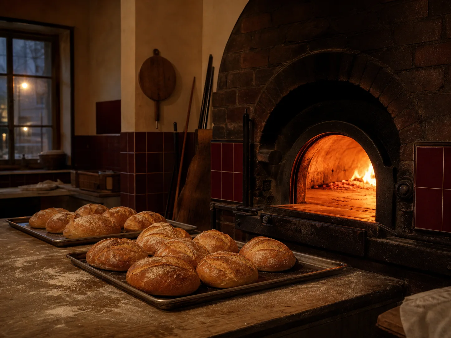Primeras bandejas de pan frente al horno encendido al amanecer