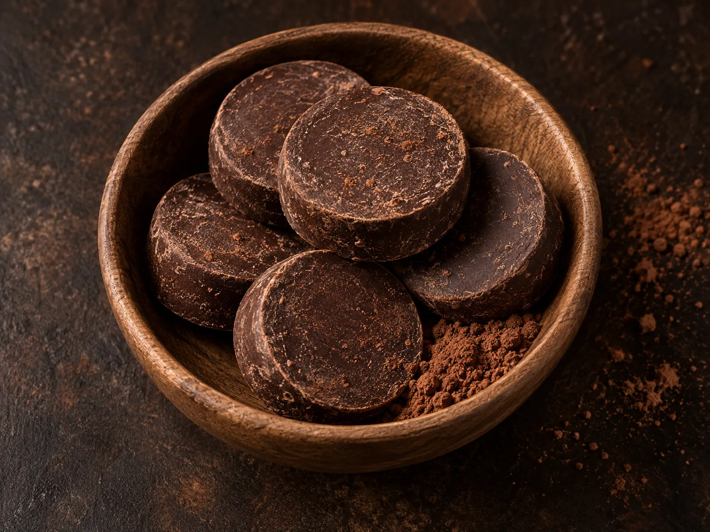 Chocolate de taza artesanal servido en un cuenco de madera