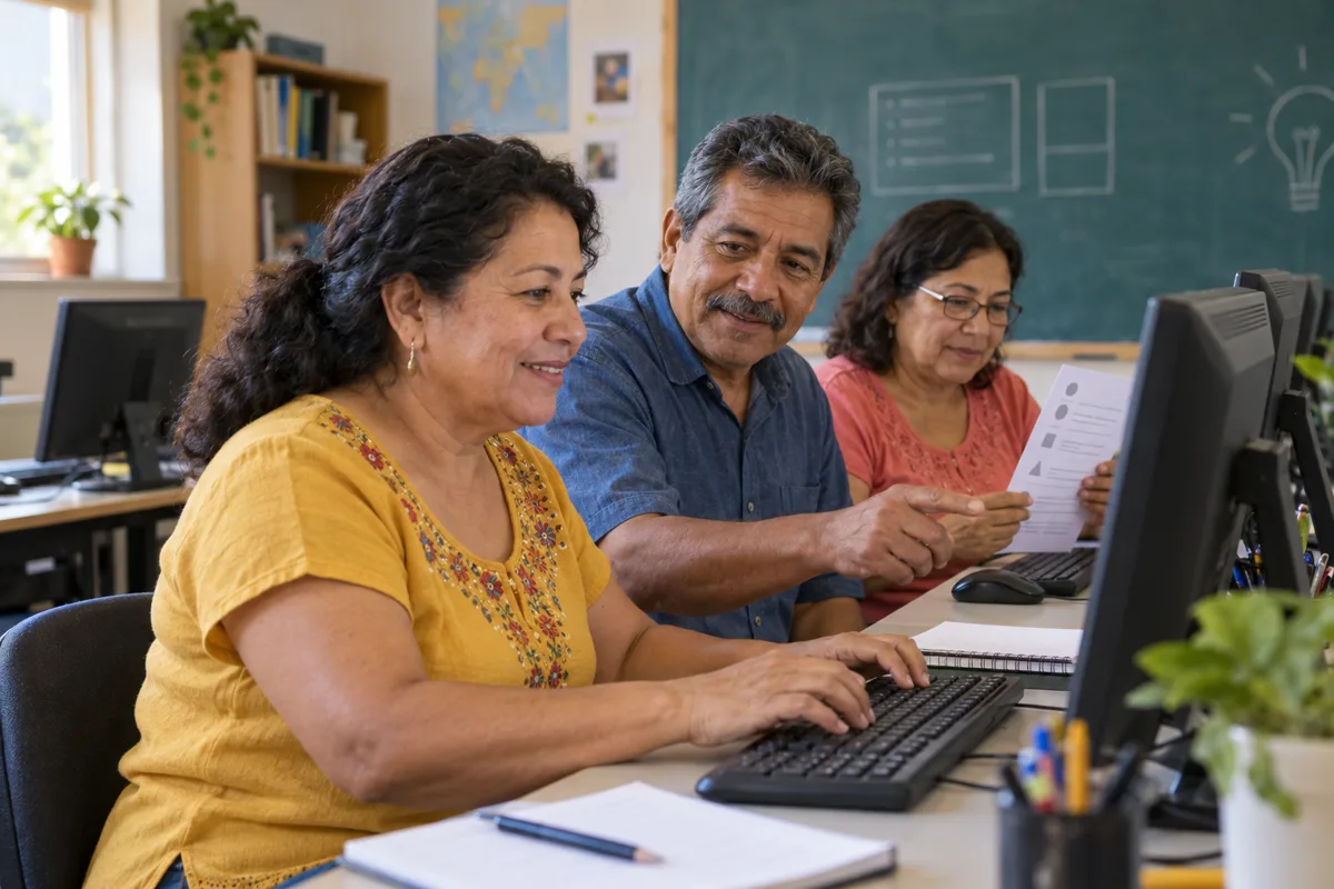 Personas adultas practicando computación en una clase