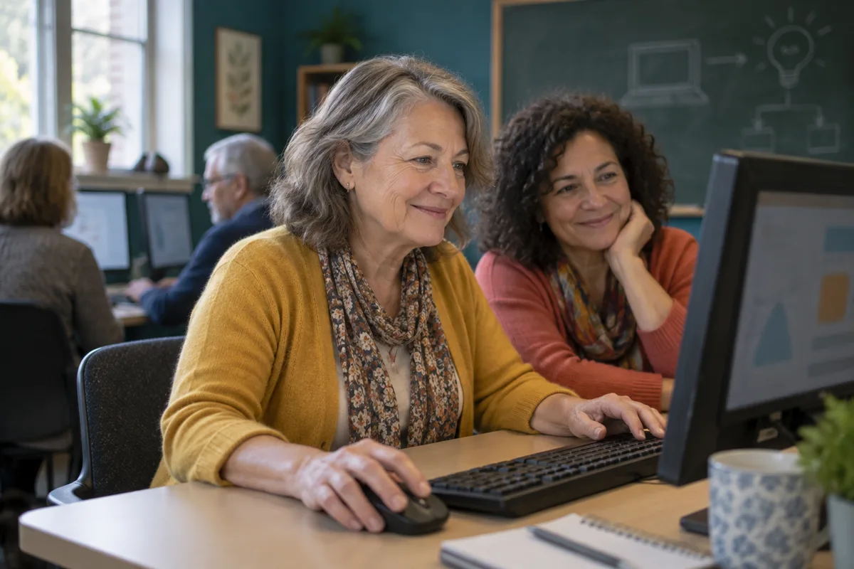 Personas adultas practicando computación en una clase
